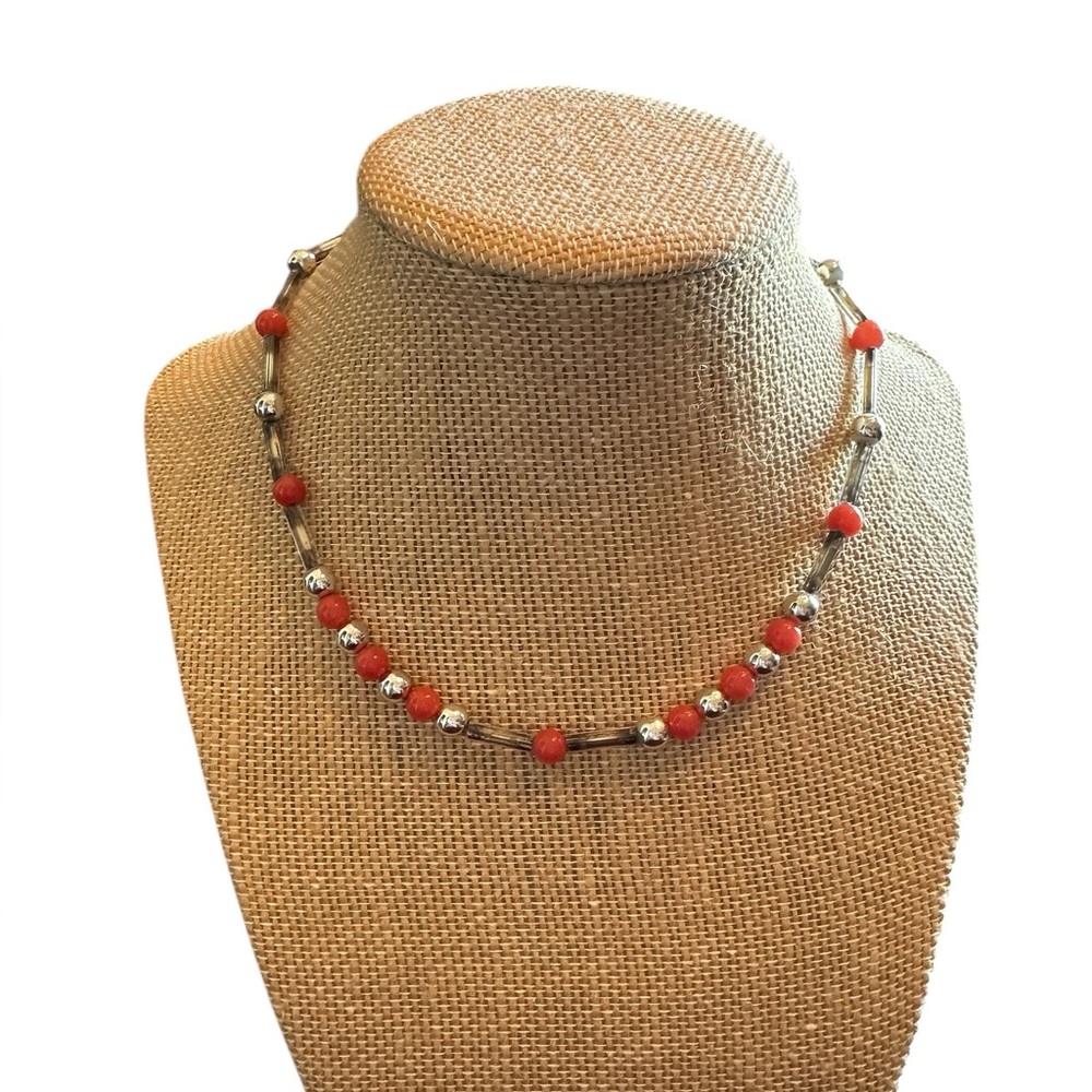 Coral and Silver Beaded Choker Necklace
